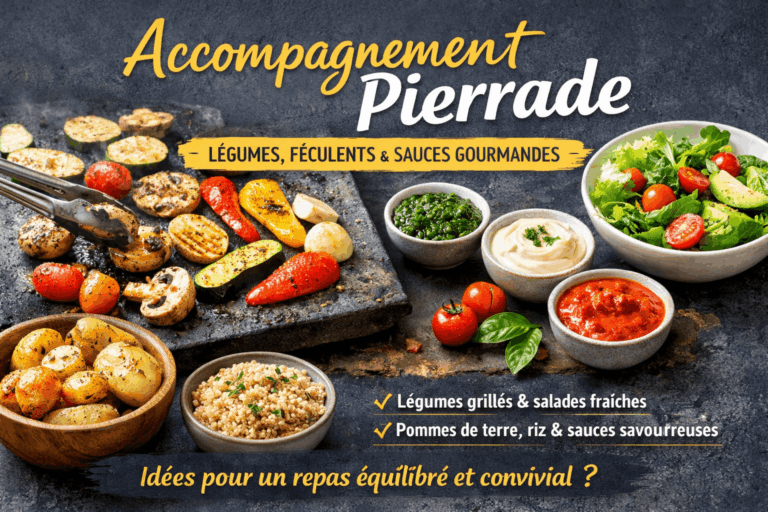 Accompagnement pierrade avec légumes grillés, salades, féculents et sauces pour un repas équilibré et convivial